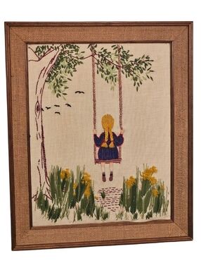 Vintage Peri-Lusta Hand-Embroidered Girl on Swing Wall Art - Yellow, Green, Blue